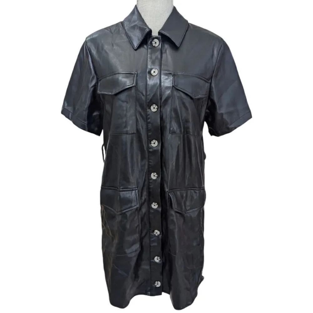 Houseâof Harlow 1960 Faux Leather Button Short Sleeve Shirt Mini Dress inâBlack